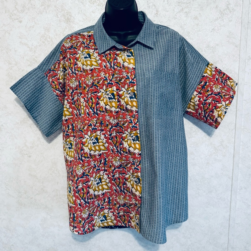 Tru Luxe Jeans Button Front Women's Shirt Mix of Different Fabrics Size Large